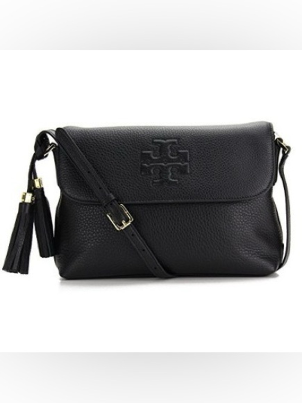 Tory Burch Thea Messenger Crossbody Bag Black Pebbled Leather Gold Hardware